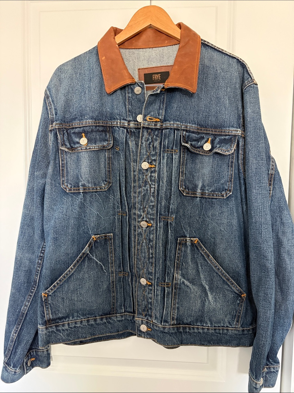 Frye Blue Denim Jacket with Brown Leather Collar